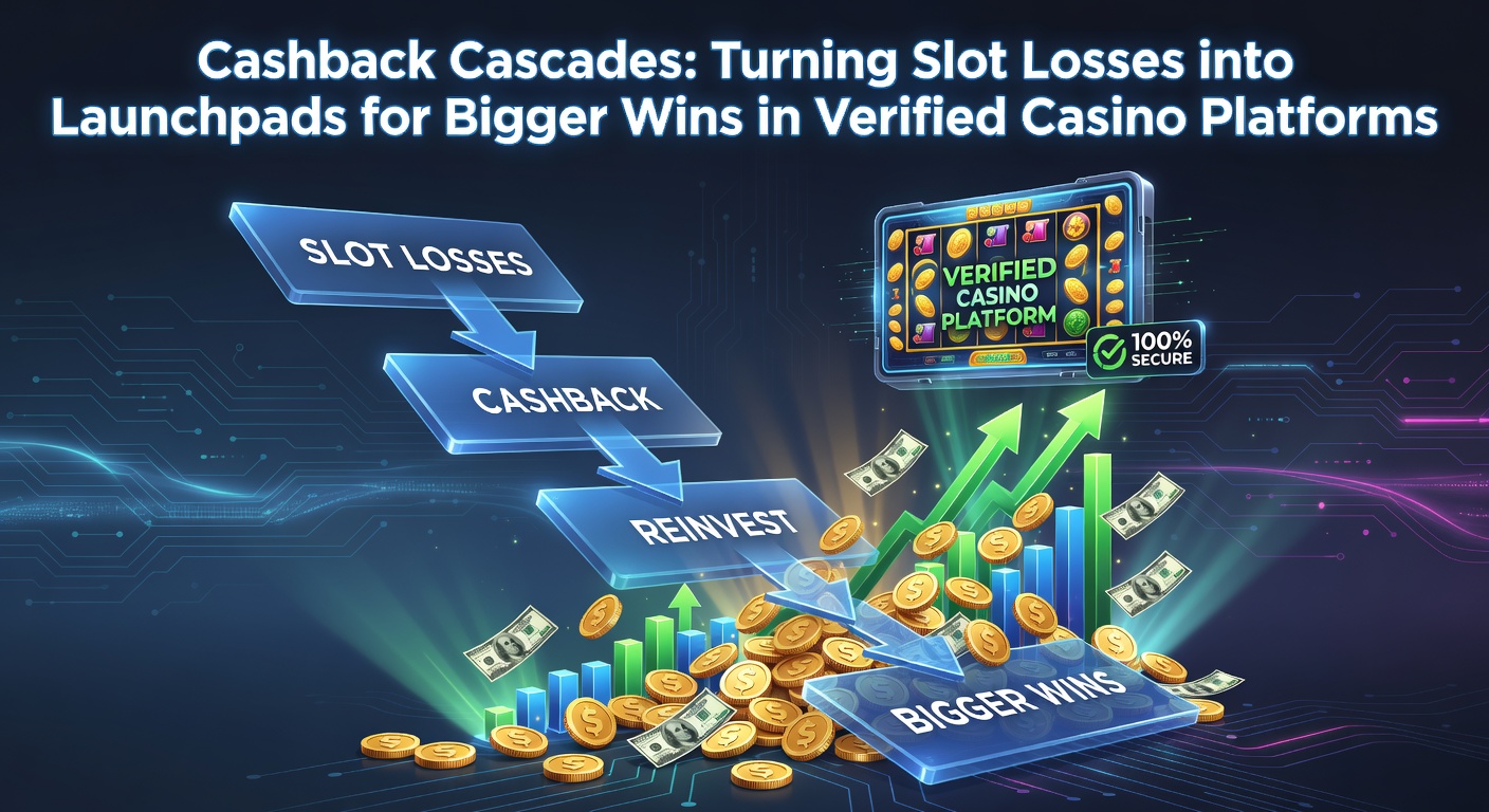 Dynamic illustration of cascading cashback coins transforming slot losses into upward-launching wins on a vibrant casino platform