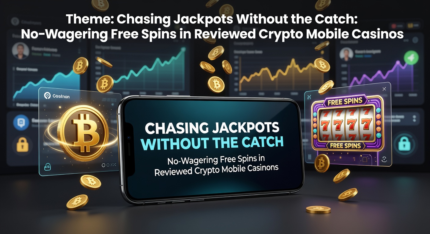 Vibrant mobile screen displaying no-wagering free spins on a crypto casino jackpot slot, with blockchain icons and spinning reels in the background