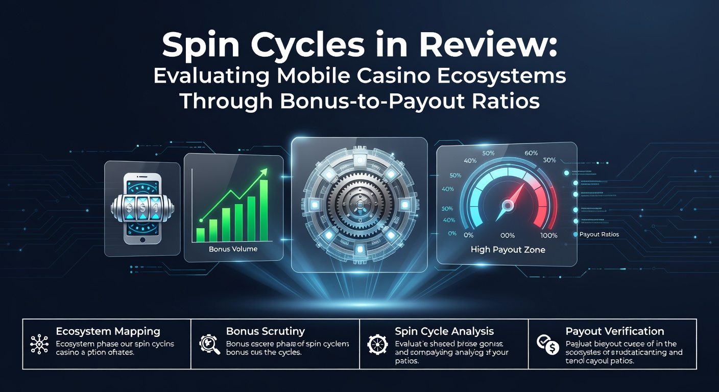Mobile casino interface displaying spinning slots with bonus overlays and payout metrics highlighted, illustrating ecosystem evaluation through ratios
