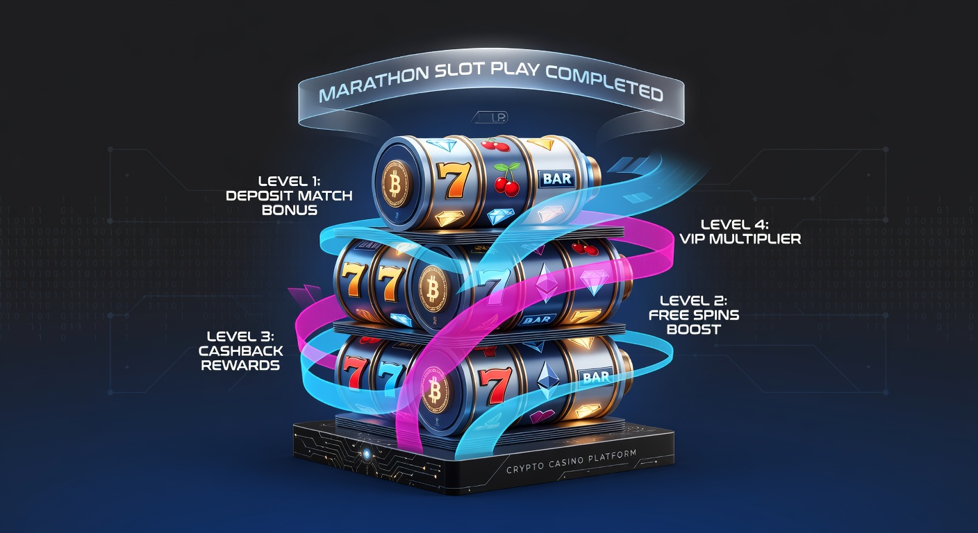 Vibrant slot machine reels spinning with layered bonus icons and cryptocurrency symbols overlayed, illustrating multi-level bonus mechanics in action