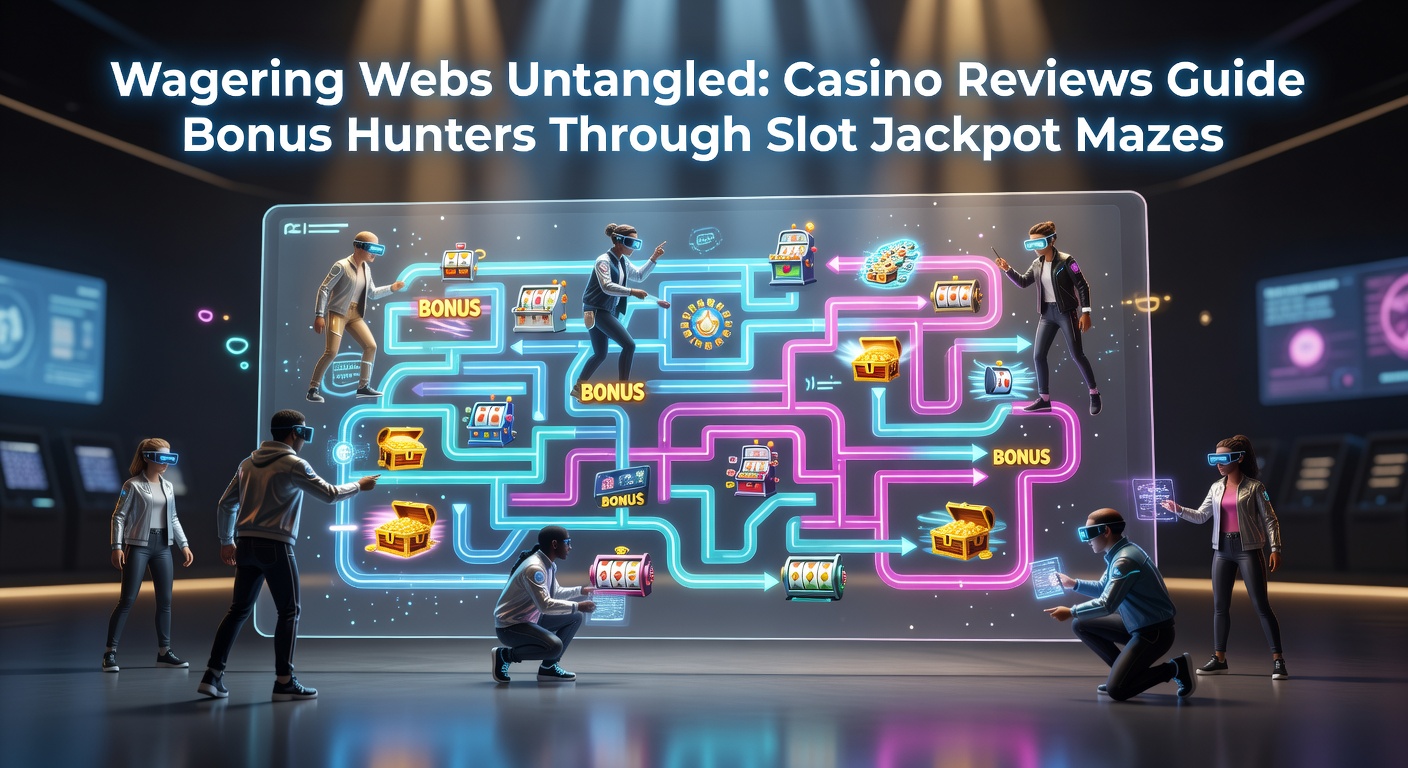 Visual representation of tangled wagering requirements unraveling into clear paths toward slot machine jackpots, with casino review icons lighting the way