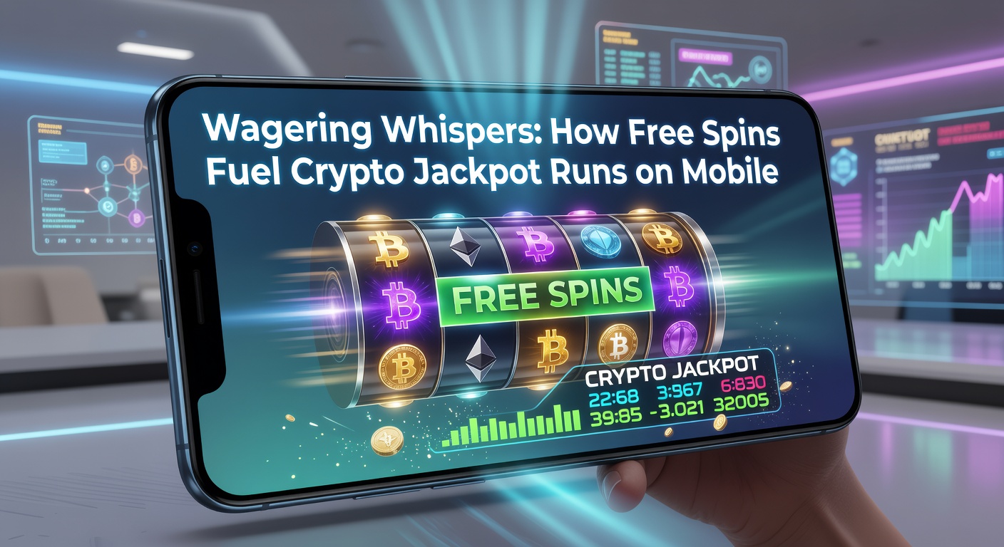 Vibrant mobile screen displaying a crypto slot game with free spins activating and jackpot counters ticking upward amid neon graphics and cryptocurrency symbols