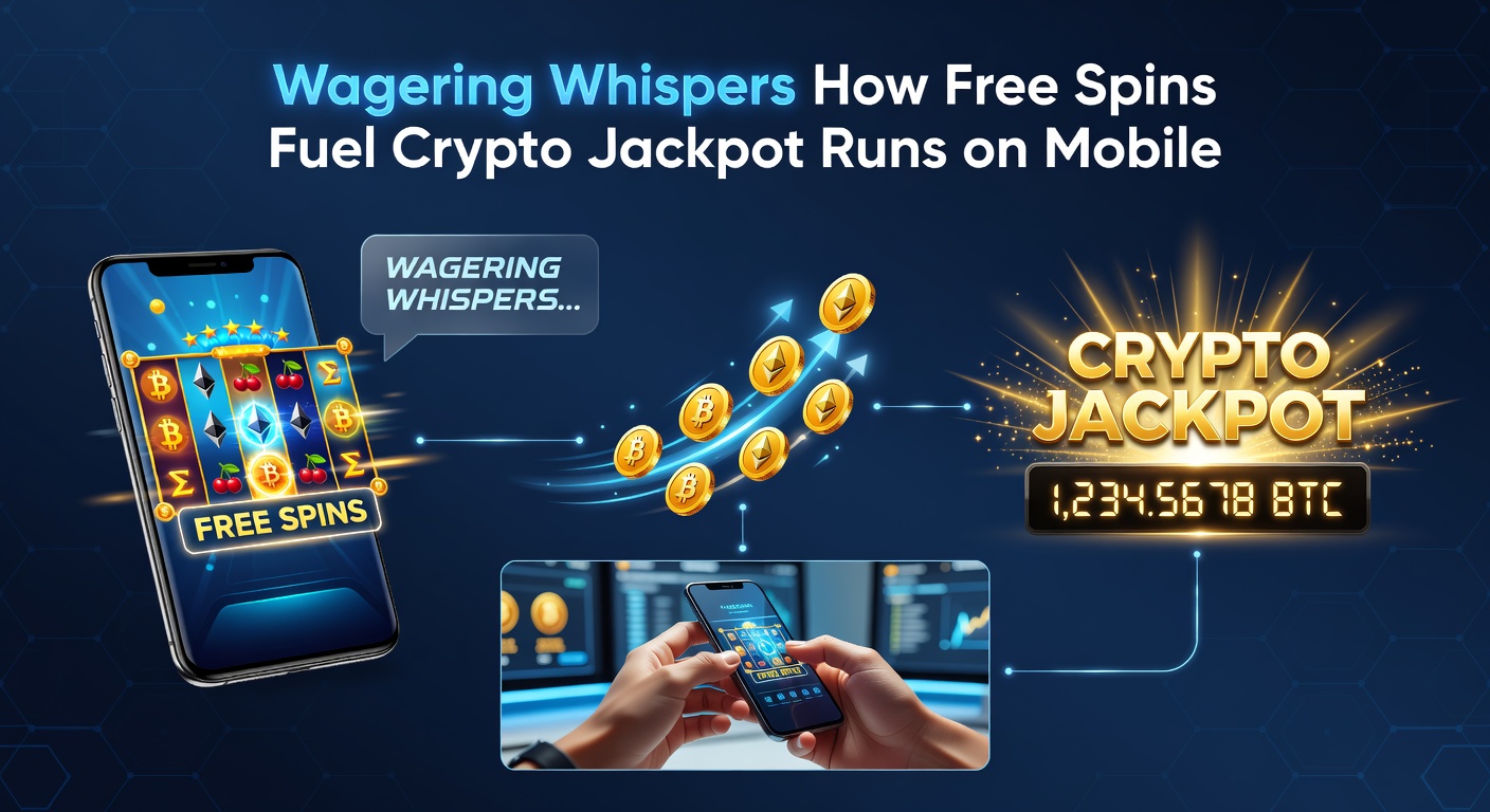 Close-up of a jackpot wheel spinning on a mobile crypto casino app, with free spins icons exploding into cryptocurrency payouts against a dynamic backdrop of rising coin values and win animations