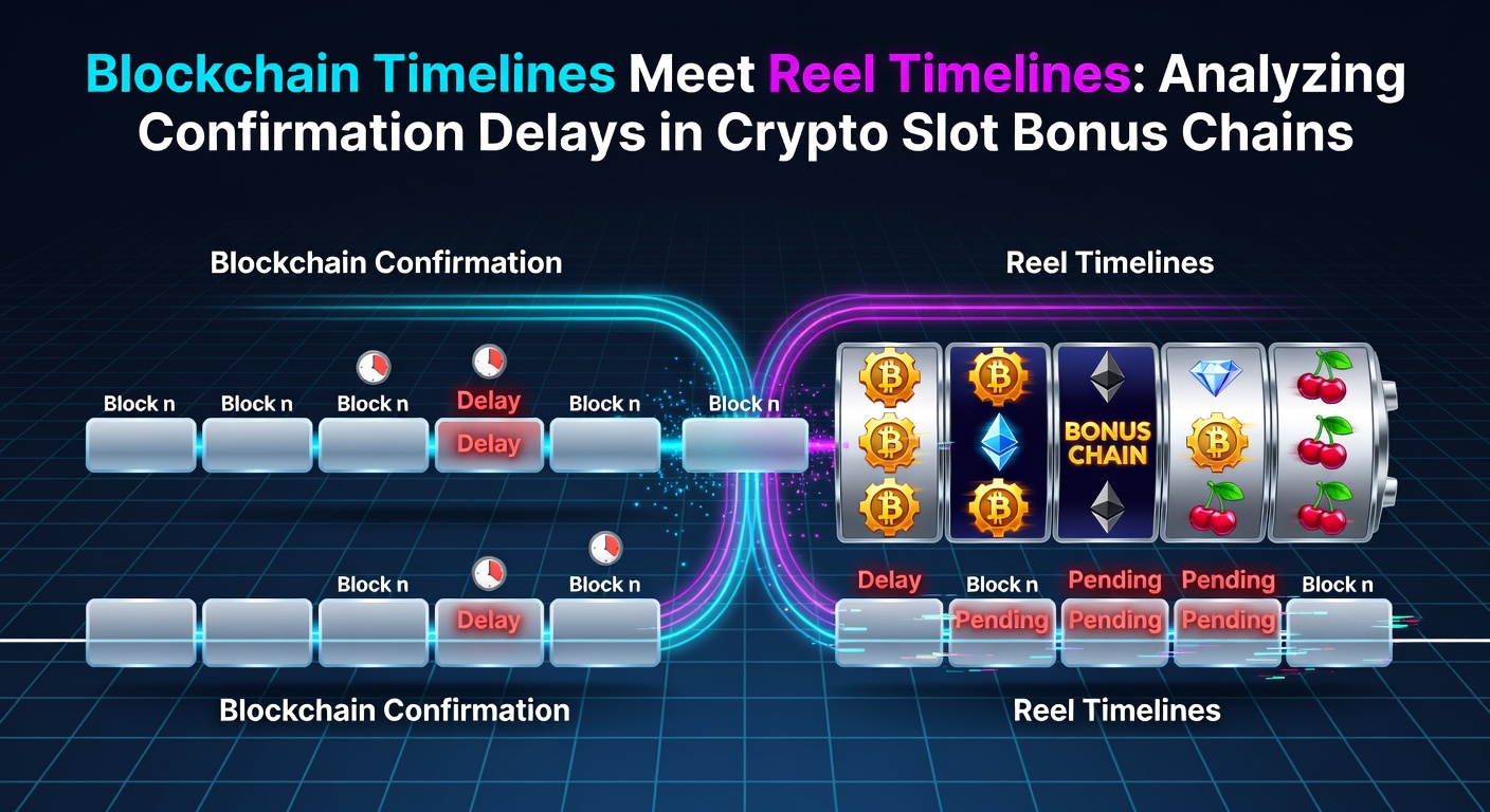 Blockchain network visualization intersecting with spinning slot reels and transaction timelines