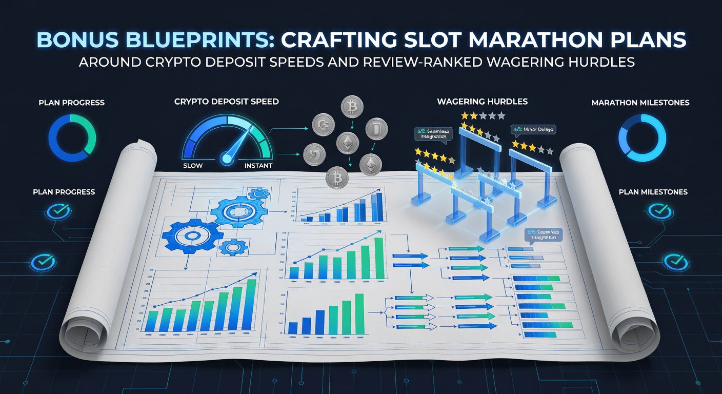 Digital blueprint overlay on slot machine reels with crypto symbols and speed lines illustrating fast deposits fueling marathon sessions