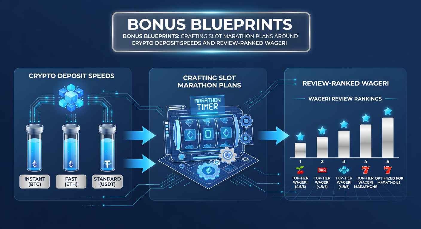 Infographic showing crypto speed timelines merging with wagering progress bars and slot reel icons for marathon strategy visualization
