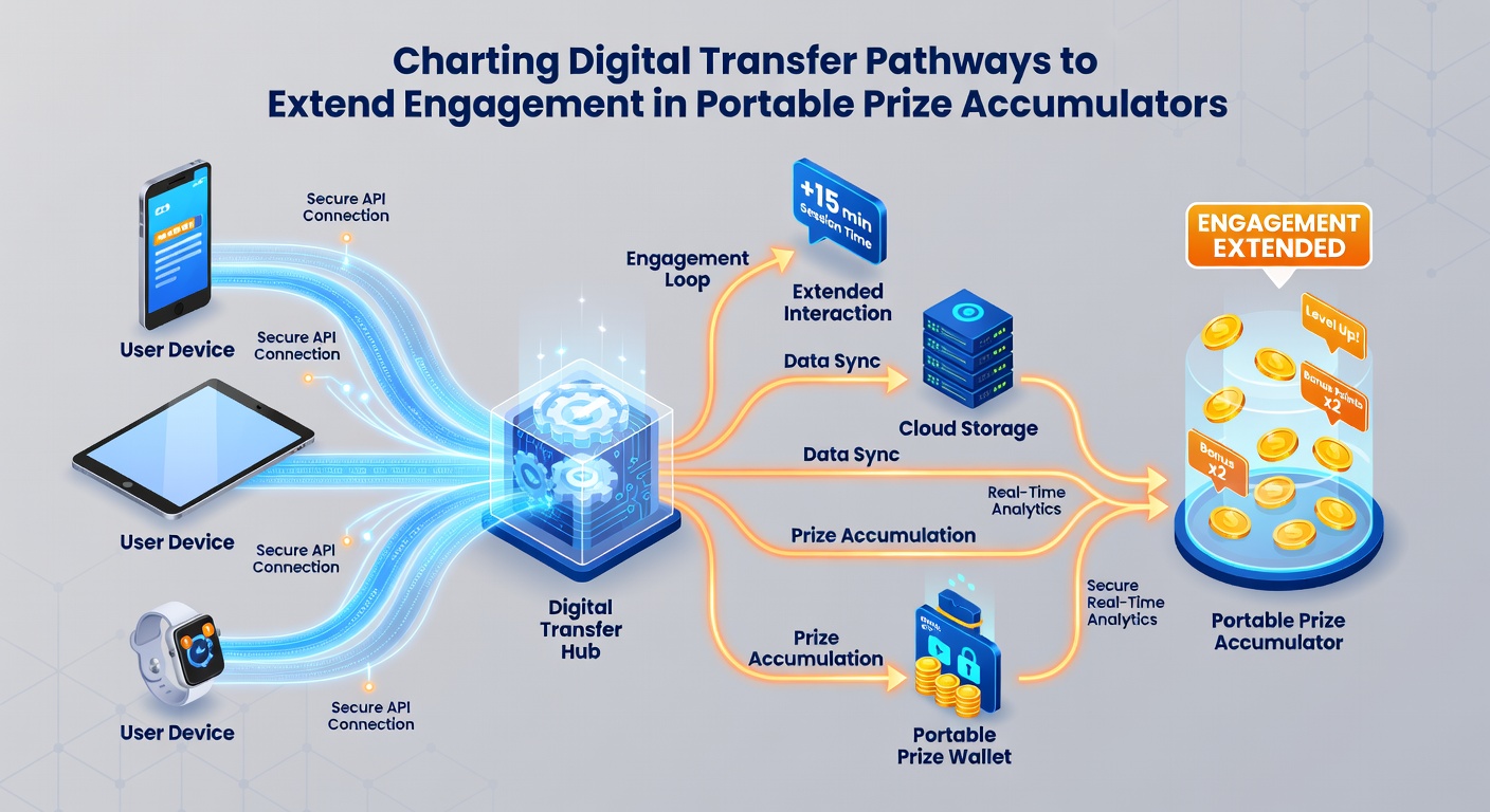Illustration of interconnected digital pathways linking portable devices to centralized prize accumulator networks