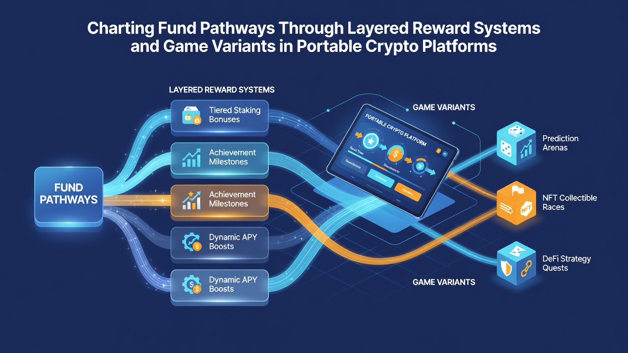 Illustration of mobile crypto platform interface displaying game variants and reward tier progression