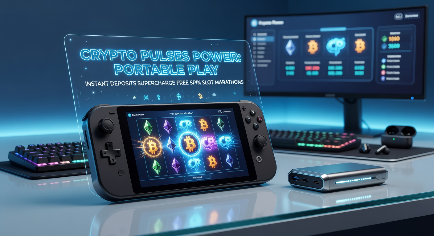 Dynamic graphic of blockchain pulses connecting a mobile phone to slot reels, with instant deposit arrows and free spin counters exploding