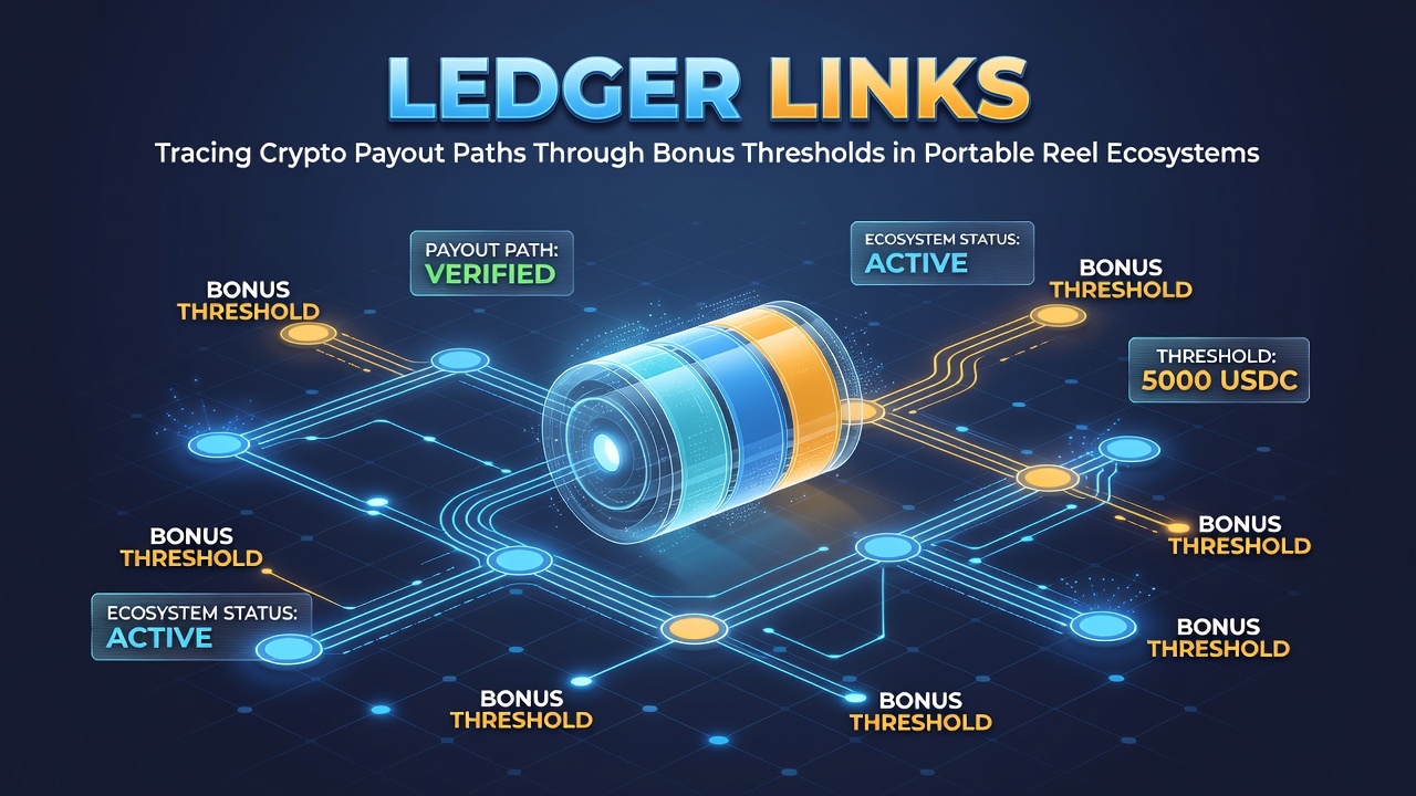 Illustration of mobile device displaying crypto ledger entries connected to slot bonus progress and payout routes