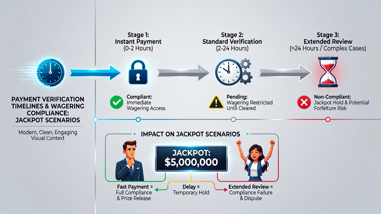 Diagram showing how delayed payment verification affects wagering requirement timelines in jackpot wins with compliance flow charts