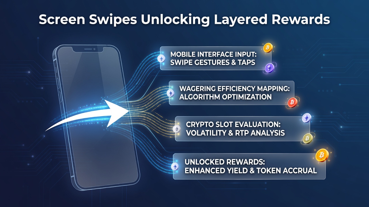 Mobile interface showing swipe gestures on a crypto slot game screen with layered reward indicators
