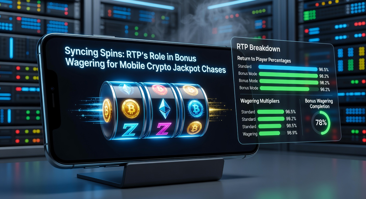 Close-up of a smartphone running a crypto casino app, showing RTP percentage, bonus wagering progress bar, and a glowing progressive jackpot ticking upward