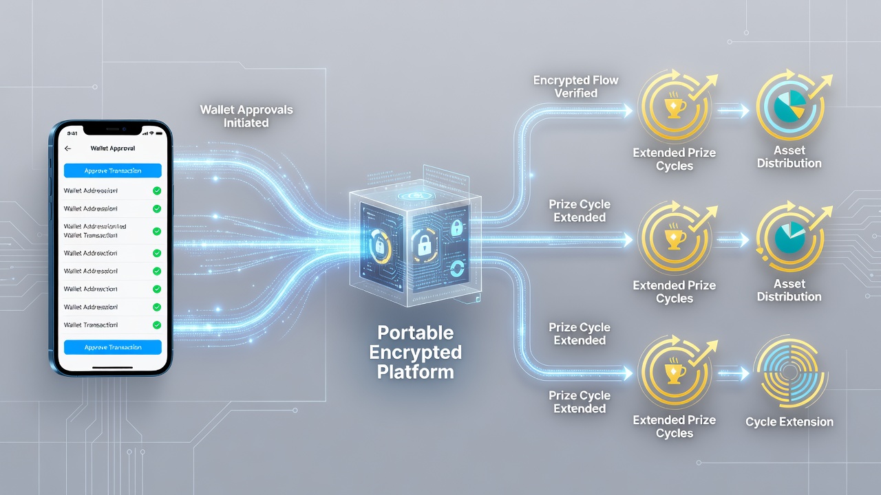 Visualization of asset flow tracking from wallet approvals through mobile encrypted prize cycles on blockchain networks