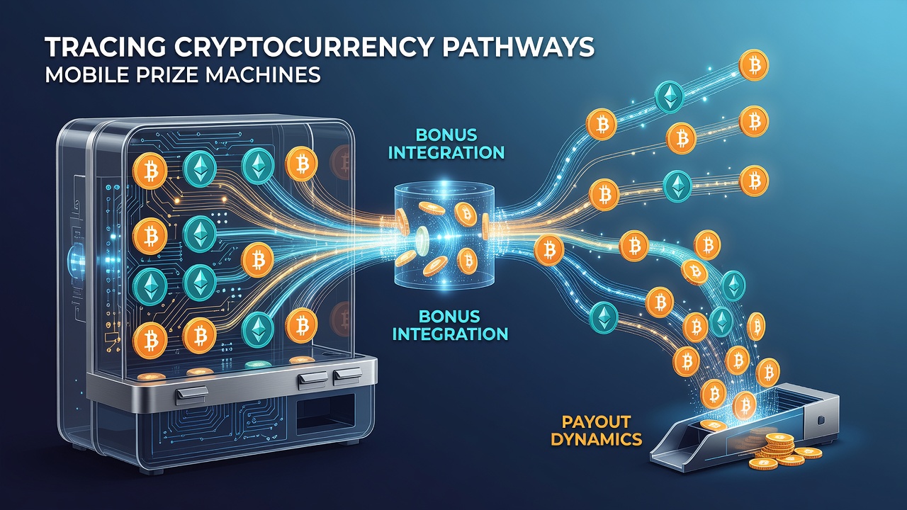 Mobile prize machine interface displaying cryptocurrency transaction pathways and bonus integration points